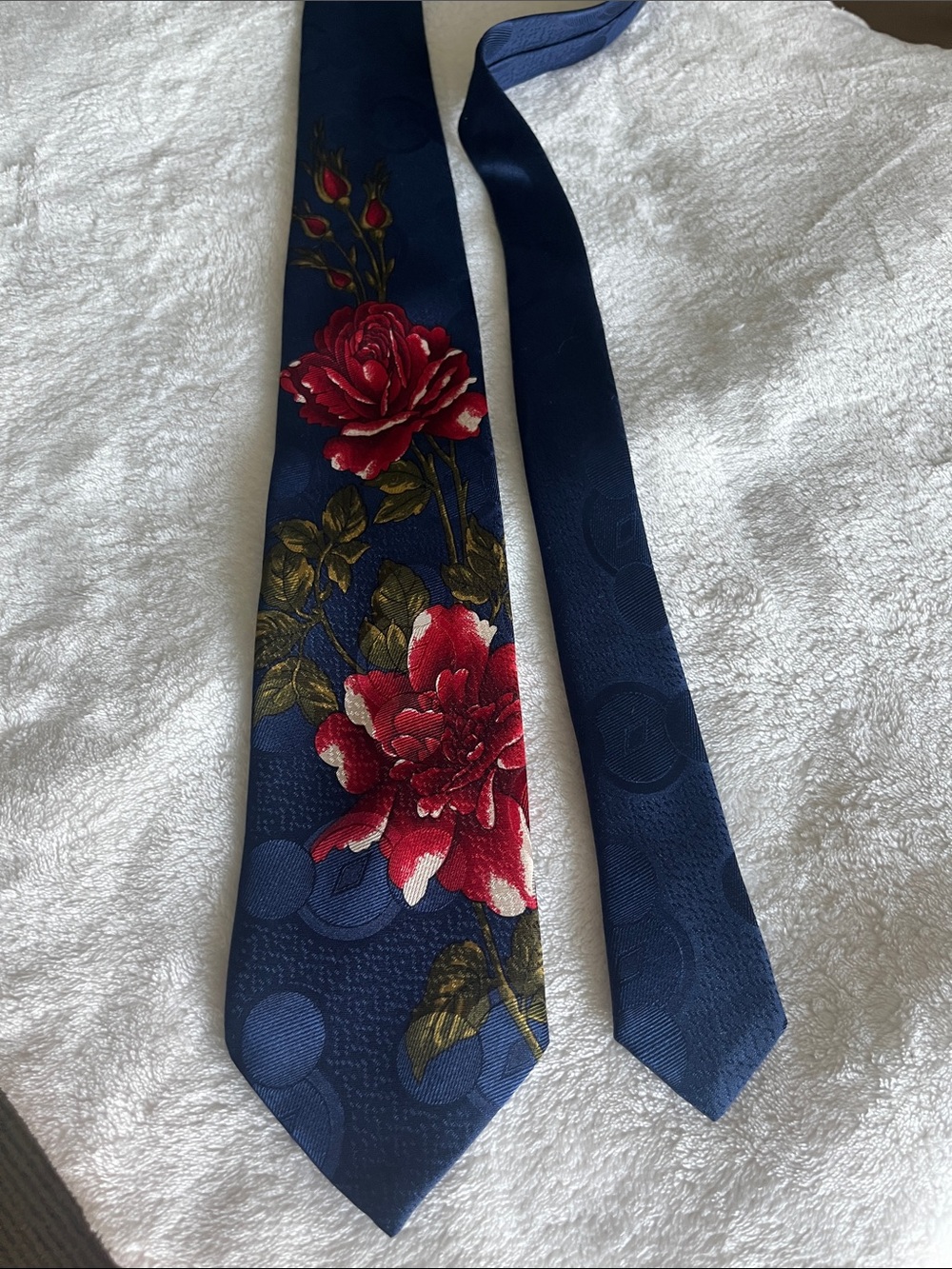 Hugo Boss Men's Navy Blue Floral Silk Tie with Red Rose Accent